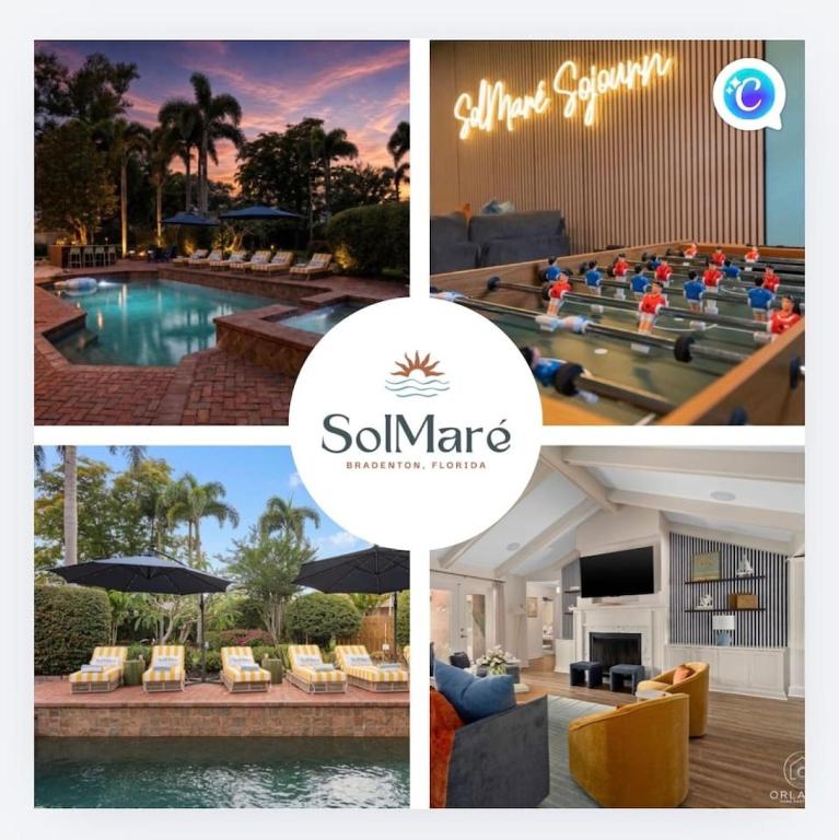 a collage of photos of a hotel with a pool at SolMaré - 5BR, Pool, Spa, Mini-Golf, Outdoor Kitchen, Fire Pit, Game Room in Bradenton