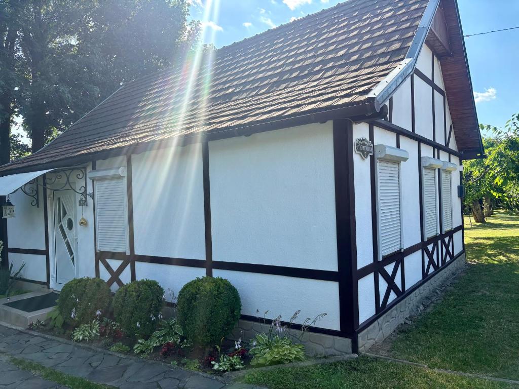 a white and black house with a roof at Hotel Окремий Будинок-Апартаменти in Rakoshyno