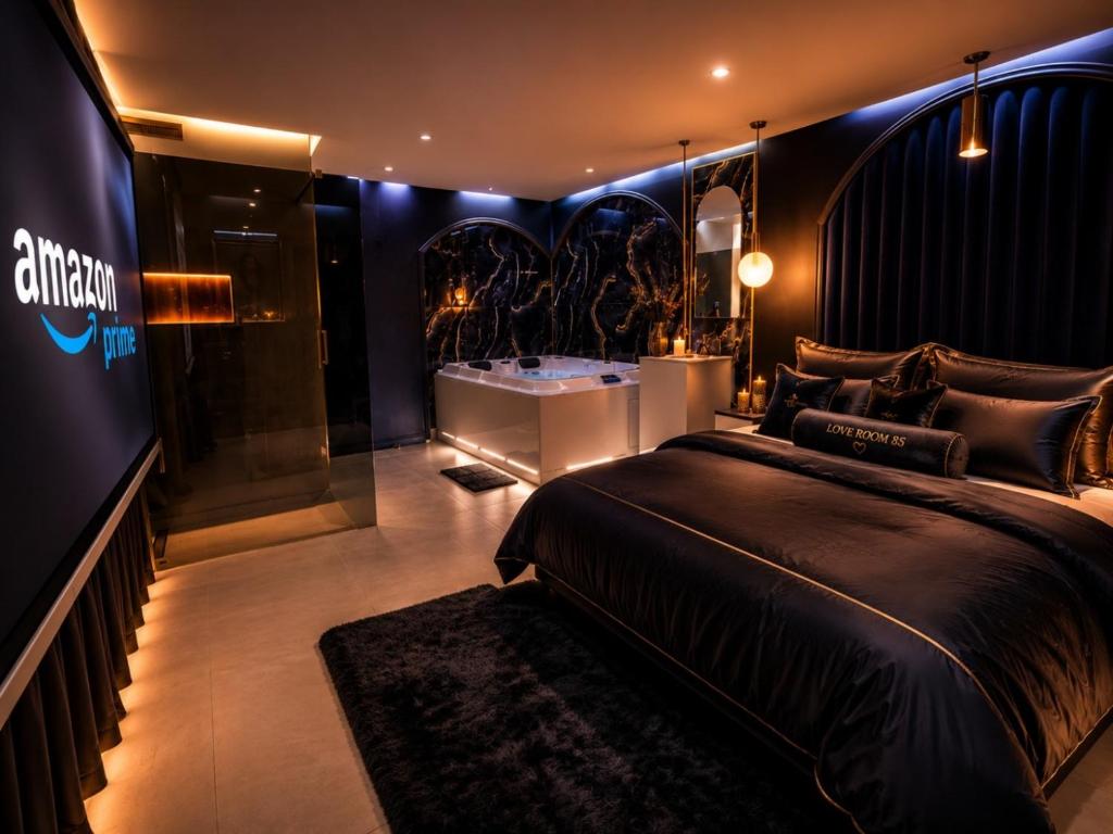a bedroom with a large bed and a tub at Love Room 85 avec Jacuzzi & Terrasse Privé in Kortrijk