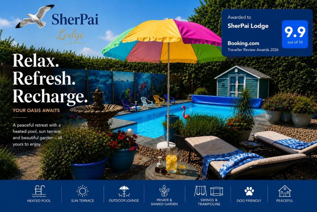 ein Flyer für ein Ferienhaus mit Pool und Sonnenschirm in der Unterkunft SherPai Lodge in Kent