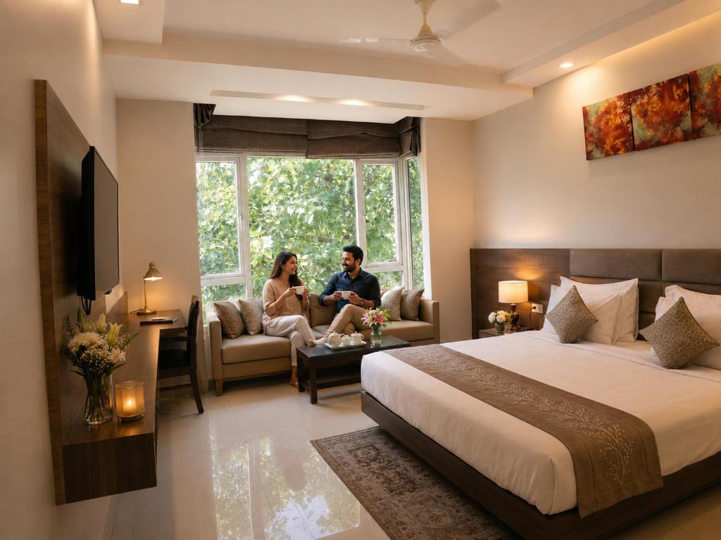 a man and woman sitting in a hotel room at Hotel Sopan Heights in New Delhi