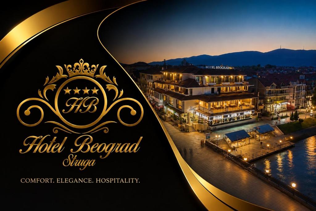 a sign for a hotel with a view of a city at Hotel Beograd Struga in Struga