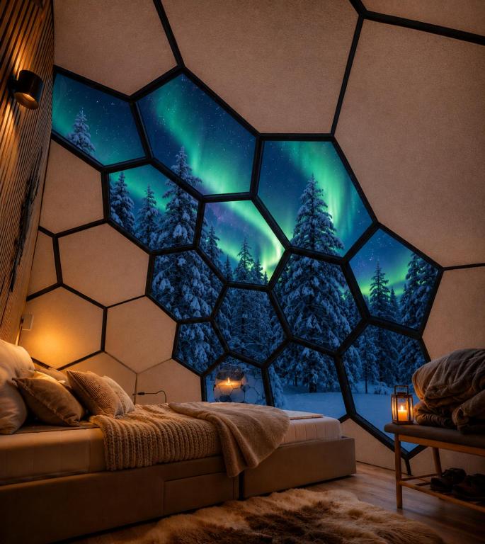 a bedroom with a window with a view of the northern lights at SKOG Aurora Glass Igloos in Kalix