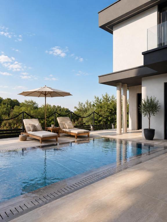 a swimming pool with chairs and an umbrella next to a building at Villa VELUNA Liznjan Residence in Ližnjan