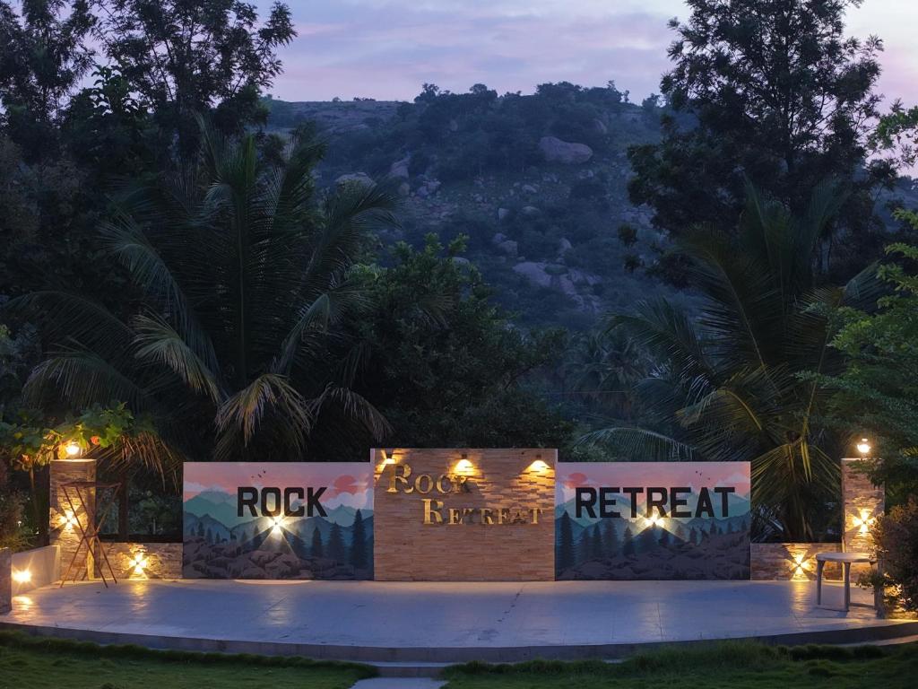 a set up for a rock house retreat at night at Rock Retreat in Kanakapura