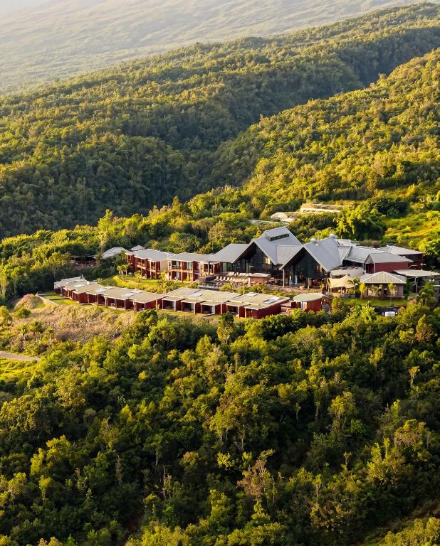 an aerial view of a resort in the middle of a forest at Hôtel Diana Dea Lodge & SPA in Sainte-Anne-les Hauts