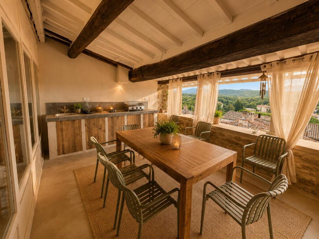 a dining room with a table and chairs and a window at Entre Ciels et Lettres in Grignan