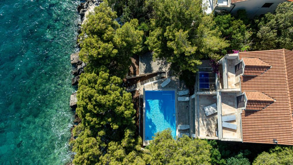 an aerial view of a house with a swimming pool at Waterfront Villa Dora by Villas Guide in Smokvica
