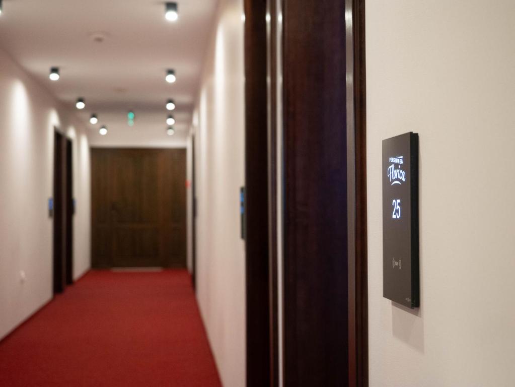 a corridor of a hallway with a red carpet and a door at Pensiunea Florica in Piteşti