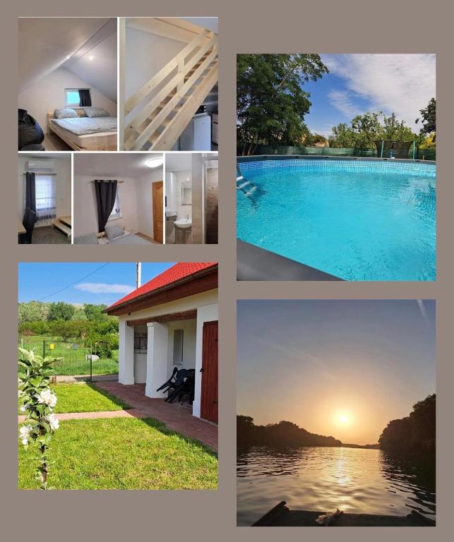 a collage of different pictures of a pool at Birs Vendégház Tiszafüred in Tiszafüred