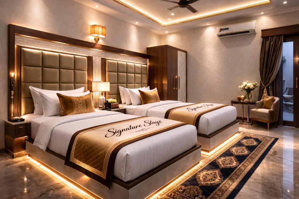 two beds in a hotel room with two beds sidx sidx sidx at Signature StayZ - Amar Singh Palace Near Taj Mahal in Agra