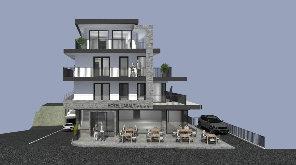 a rendering of a villa with a restaurant at Lasalt - Mountain Legends Hotel in Ischgl