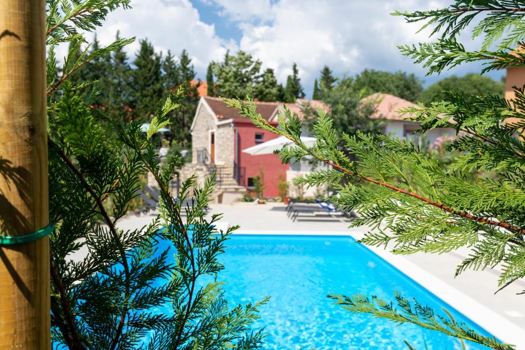 a swimming pool in front of a house with trees at LA MARLENA in Benkovac