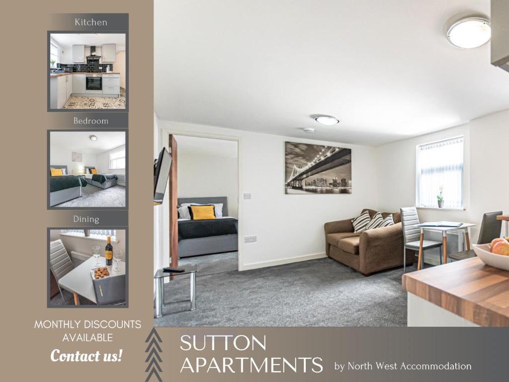 a collage of photos of a living room and a dining room at Modern Serviced Apartments in St Helens with Free WiFi Ideal for Leisure or Work Stays by North West Accommodation in Saint Helens