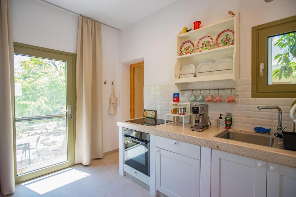 a kitchen with a counter and a sink and a window at Topos Patela in Kalithies