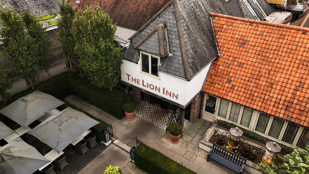 an overhead view of a building with a sign for the lion inn at The Lion Inn in Chelmsford