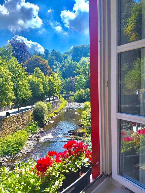 a window with a view of a river and flowers at Historisches Fachwerk Haus am Fluss in Monschau