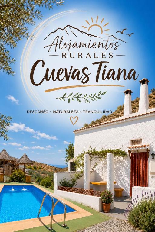 a sign for a villa with a swimming pool at Alojamientos CUEVAS TIANA in El Aljibete