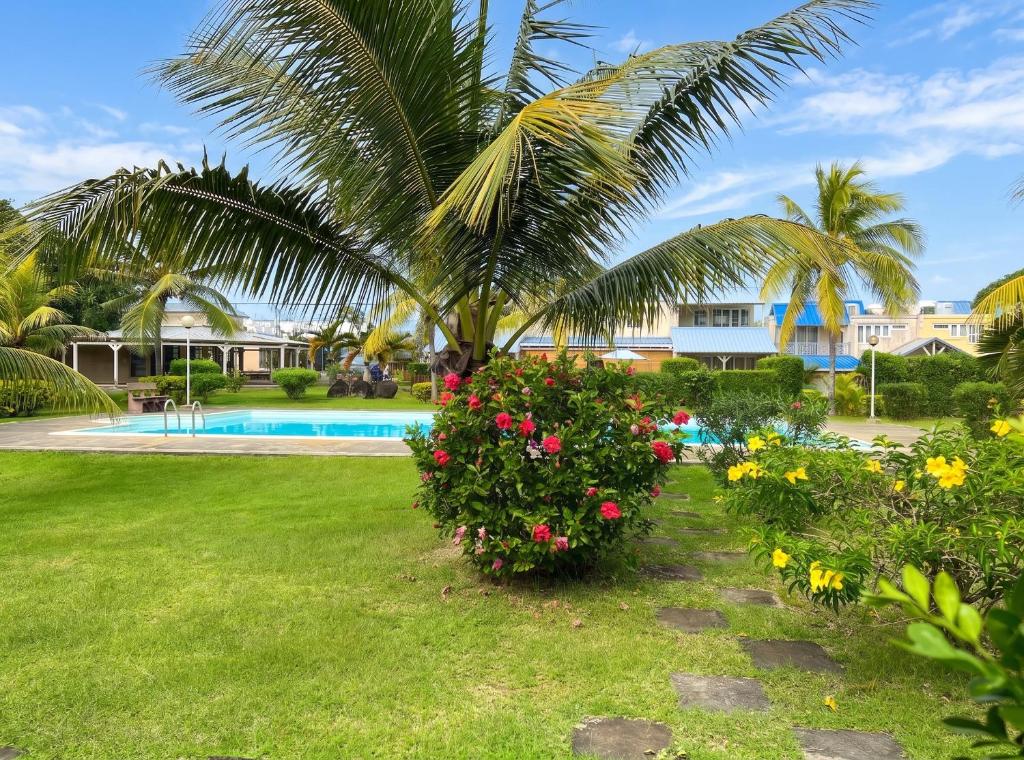 a palm tree and flowers next to a swimming pool at Charming Studio in Grand Baie, 60 m² with Shared Pool in Grand-Baie