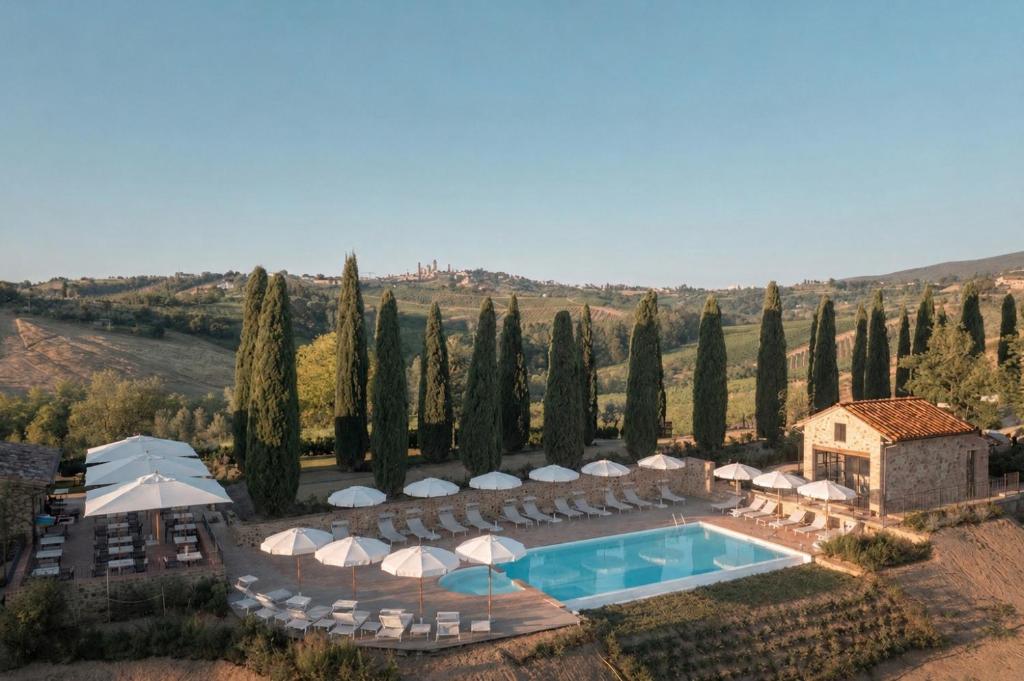 an aerial view of a villa with a pool and trees at Tenuta Bartoli in San Gimignano