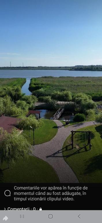 a park with a picnic table and a river at Casa Vlad in Murighiol