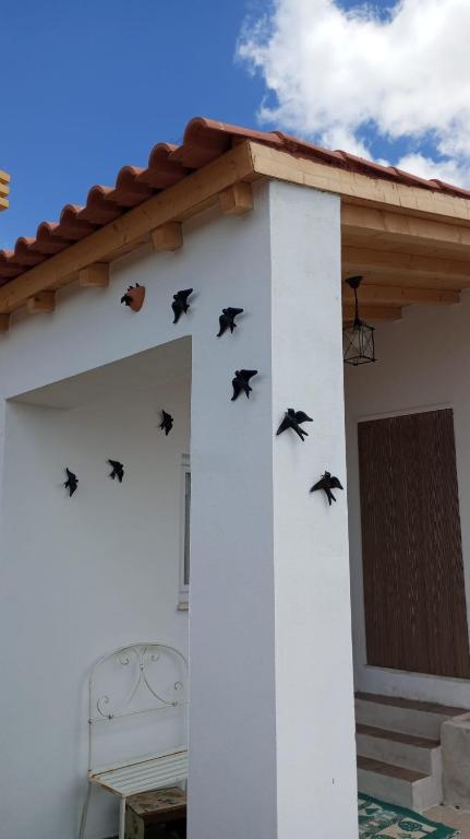 a flock of birds flying around a building at Cantinho do Frangoneiro in Fortios