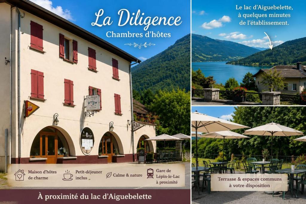 a collage of photos of a building with a restaurant at La Diligence in Lepin-le-Lac