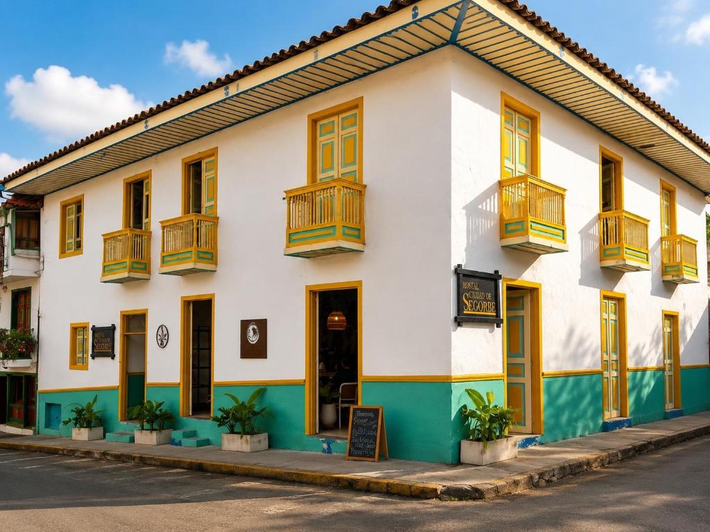 a white building with wooden balconies on a street at Hotel Ciudad de Segorbe in Salento
