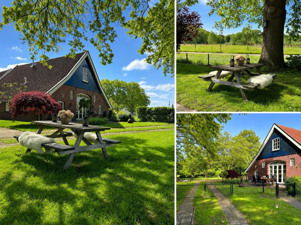 three pictures of a picnic table in front of a barn at Huize Kroezzz sfeervolle authentieke vakantie woning met 3 slaapkamers, omheinde tuin en honden welkom in Goor