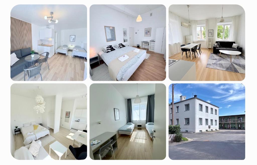 a collage of four pictures of a living room at Endla Hostel ja Apartamendid in Haapsalu