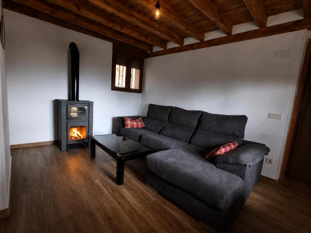 a living room with a couch and a stove at La puerta el sol in Villanueva del Conde