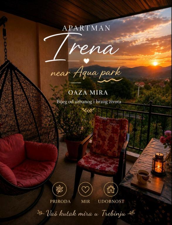 a poster for a new alzoya park with chairs and a table at Irena Apartment near Aqua Park in Trebinje