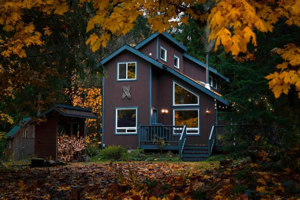 a small house in the middle of a forest at Colfax Cabin in Glacier