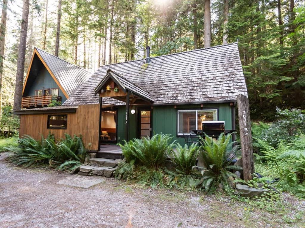a small green cabin in the middle of a forest at Birdhouse Cottage in Glacier