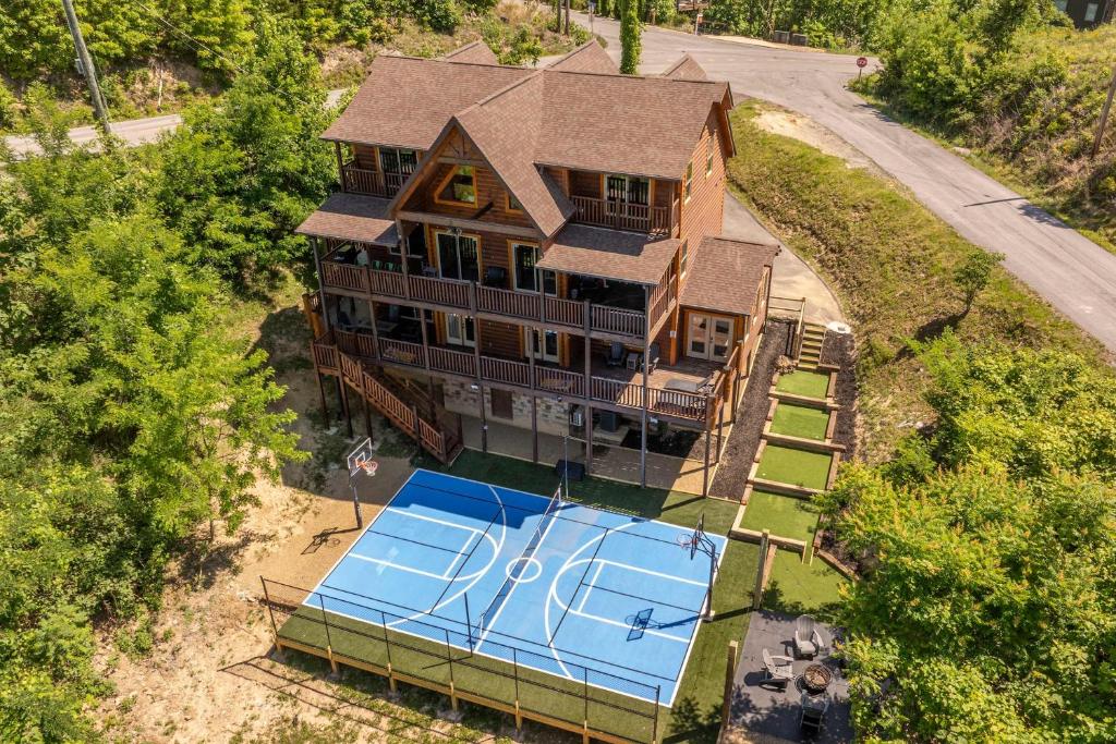 an overhead view of a large house with a swimming pool at Indoor Pool, Volleyball Beach, Mountain View, Luxury in Gatlinburg