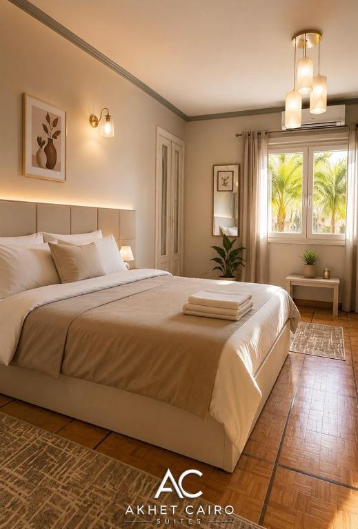 a bedroom with a large bed and a window at Akhet Cairo Suites in Cairo