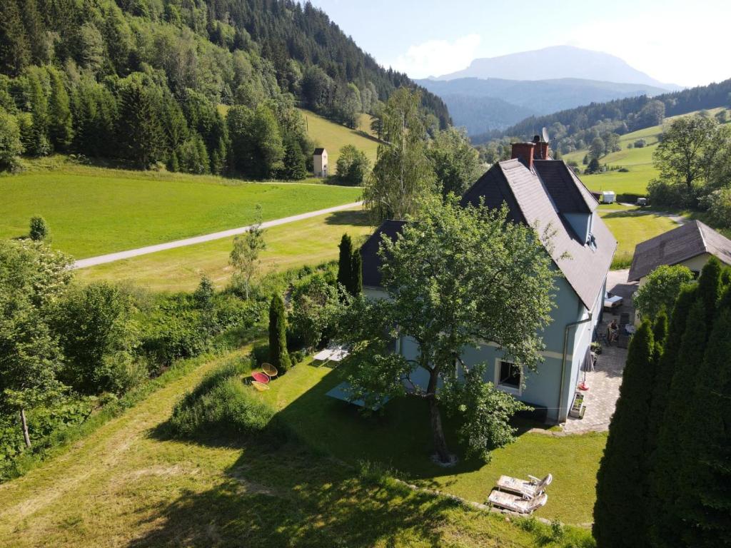 an aerial view of a house in a green field at Rax Panorama Apartment in Arzbach