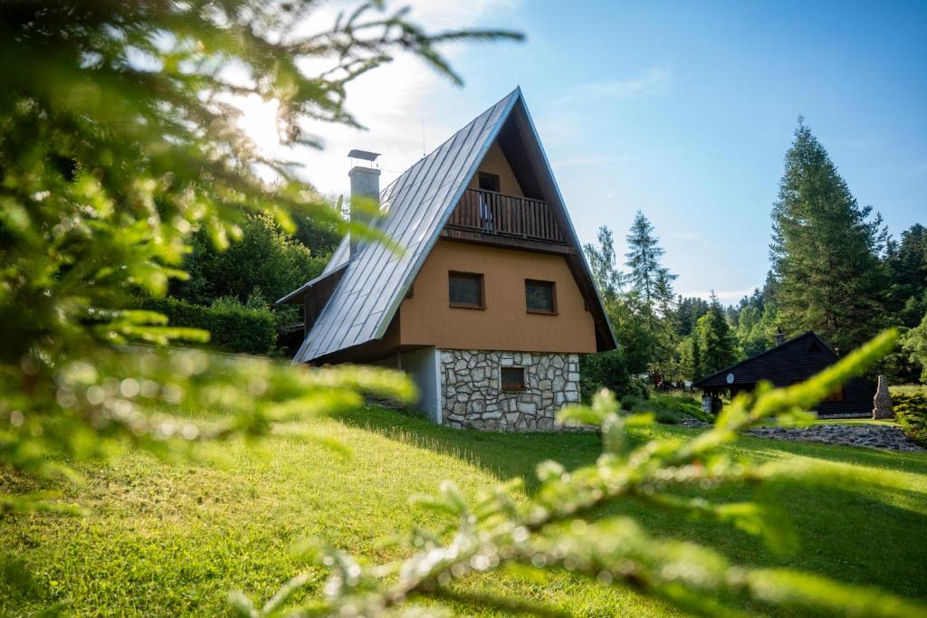 a house with a metal roof on a green field at Horská chata ERIK in Levoča