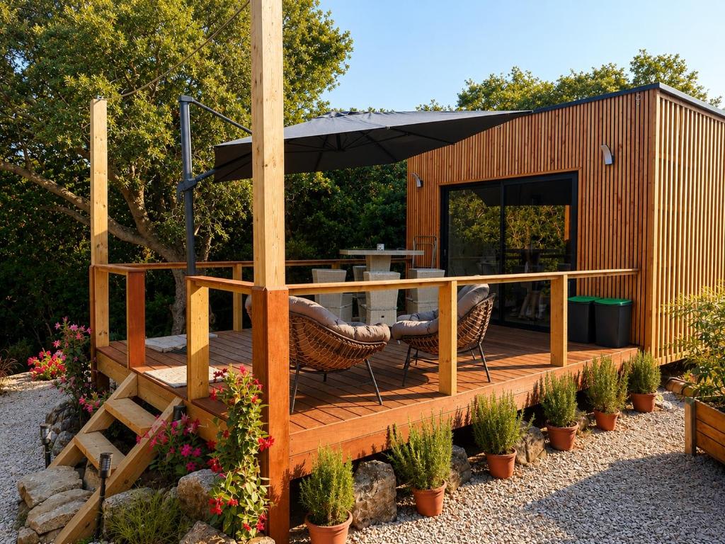 a deck with a table and chairs and an umbrella at Isabella in Figari