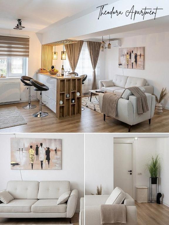 Dos imágenes de una sala de estar y una cocina. en Apartament Theodora, en Curtea de Argeş