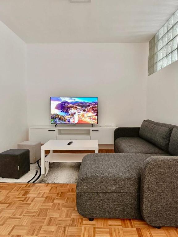 a living room with a couch and a flat screen tv at Apartman Centar, Modrica in Modriča