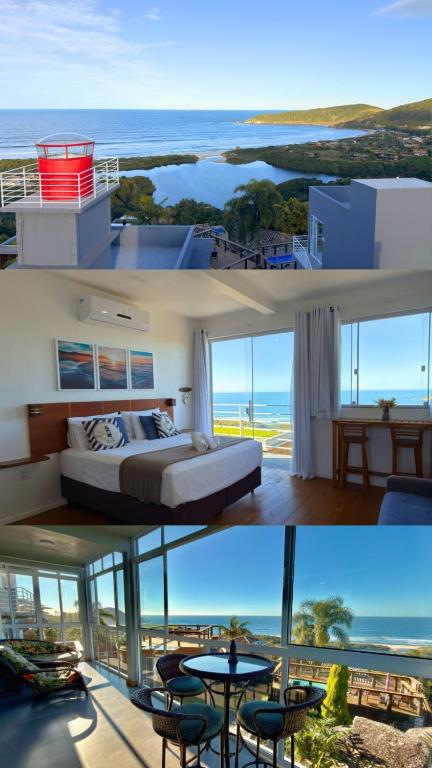 a bedroom with a bed and a view of the ocean at Pousada Farol do Rosa in Praia do Rosa