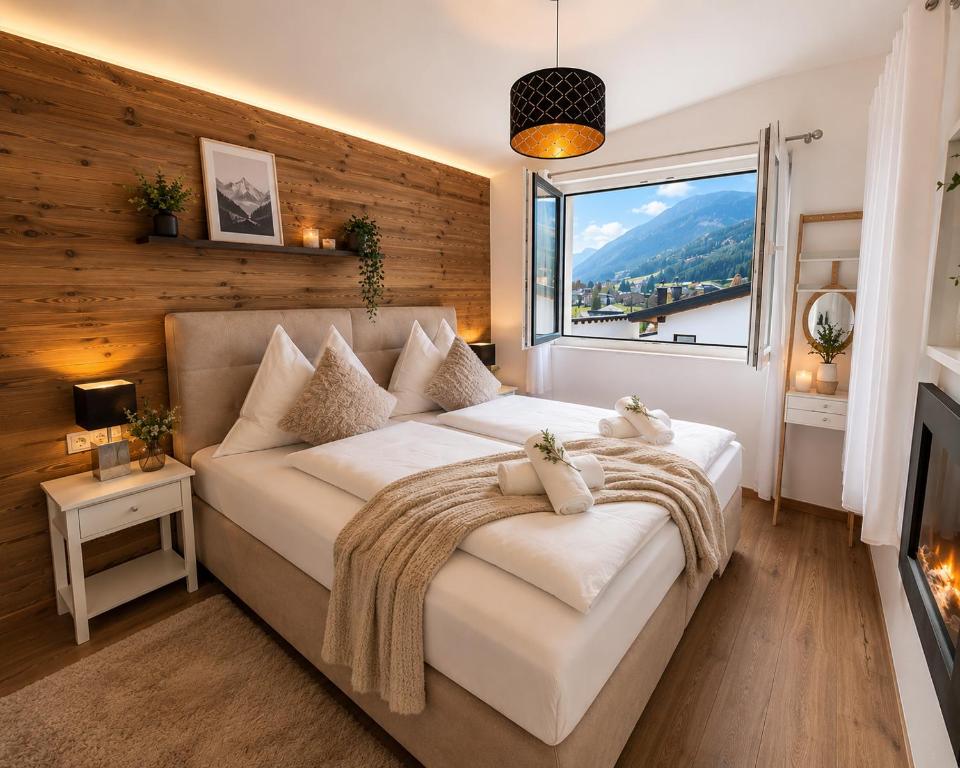a bedroom with a large white bed with a window at Ena Appartements in Altenmarkt im Pongau