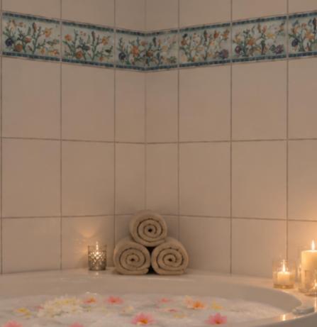 a bathroom with a tub with candles and towels at Acorn Hill Apartments in Nidda