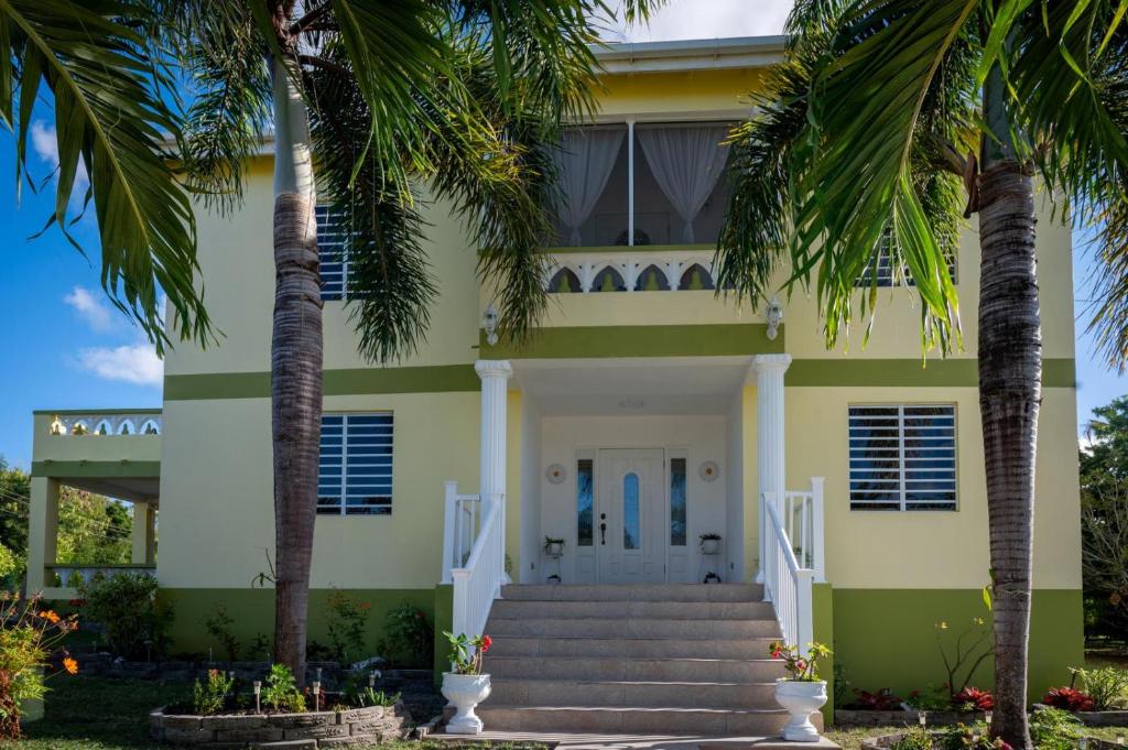 a house with palm trees in front of it at Carmich Place in Saint Johnʼs