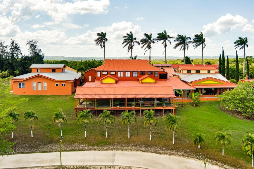 an aerial view of a house with palm trees at Hill Garden Boutique Resort in San Ignacio
