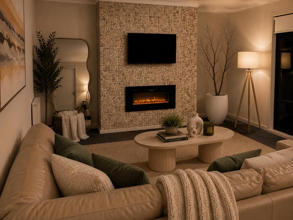 a living room with a couch and a fireplace at The Cozy Corner Retreat in Port Sorell
