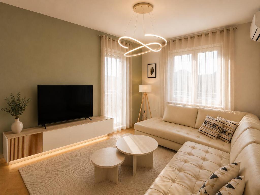 a living room with a couch and a flat screen tv at Urban Temple Apartment near Cathedral Free Parking in Podgorica