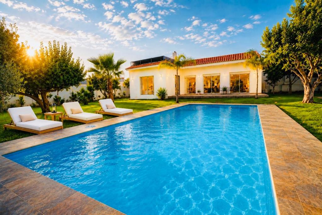 a swimming pool in front of a house at Luxury Villa with Pool & Garden5km from Cabo in Tétouan