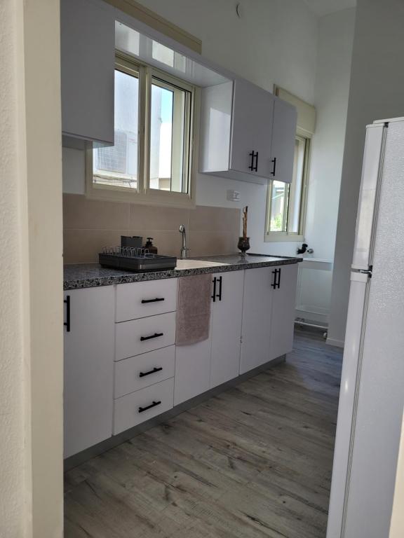 an empty kitchen with white cabinets and a sink at Serenity Apartment in Dalia in Dāliyat el Karmil